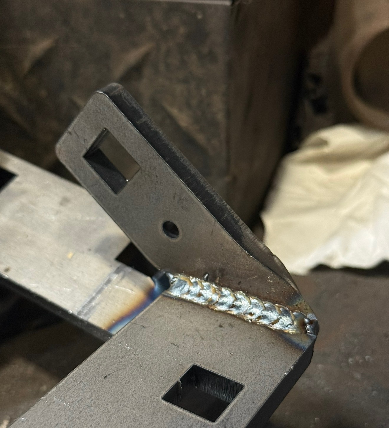Precision weld bead on fabricated steel bracket